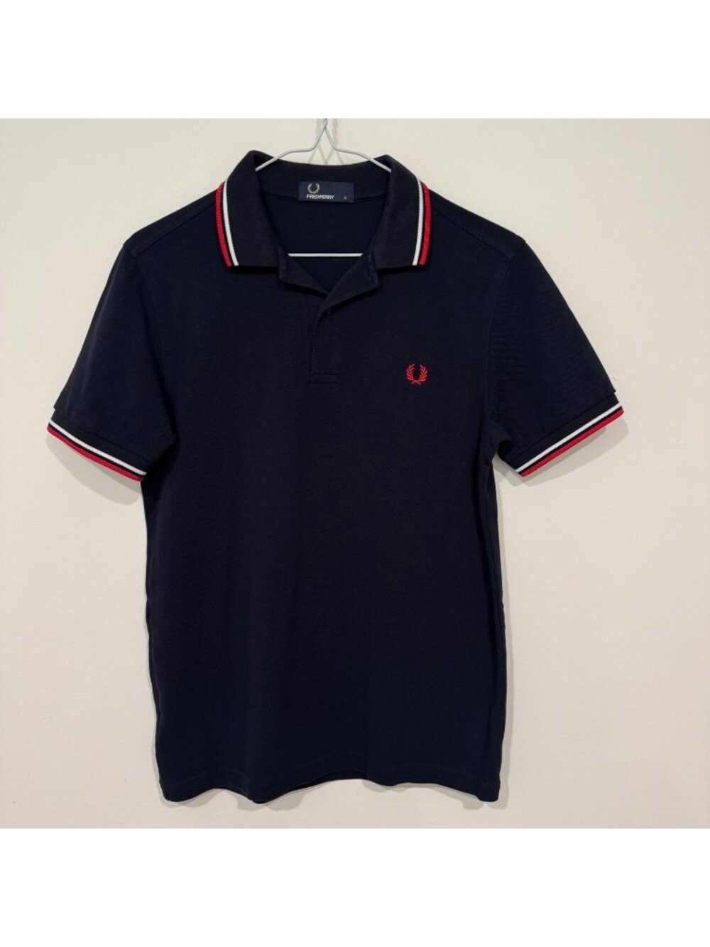Fred Perry Mens Twin Tipped Pique Cotton Polo Shirt Navy Blue Red Size S EUC